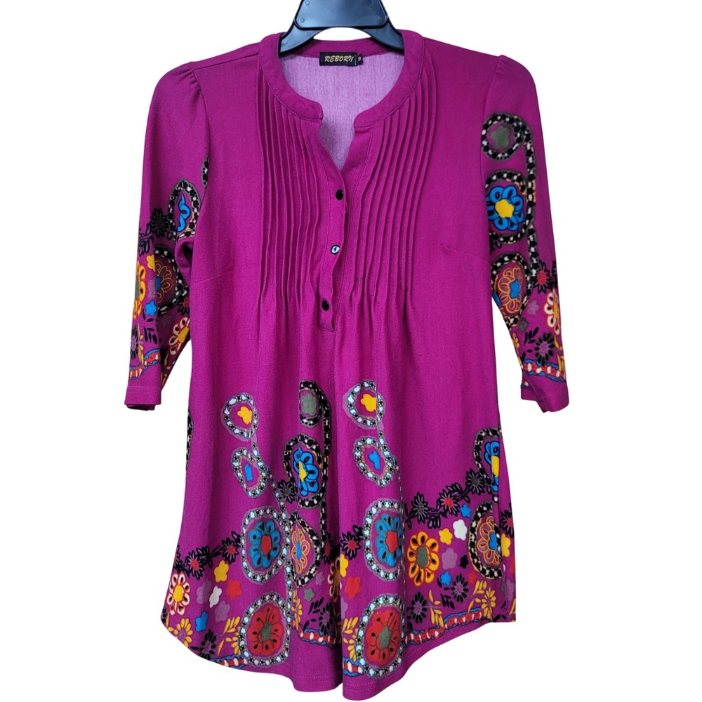 Boho Reborn Magenta Pink Floral Paisley Pintuck Henley Top Hippie Whimsigoth